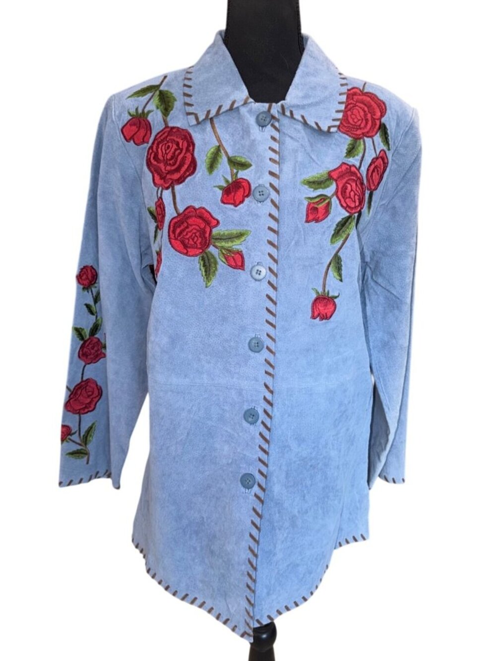 NWT Quacker Factory Blue Suede Leather Jacket Red Rose Embroidery Women Western